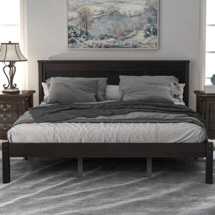 63 in.W Espresso Queen Size Platform Bed Frame with Headboard, Wood Platform Bed with Slat Support, No Box Spring Needed