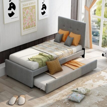 76 in. Gray Twin Size Platform Bed with Trundle and Headboard, Upholstered Platform Bed Frame, No Box Spring Needed