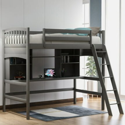ARCTICSCORPION Twin Size Loft Bed with Storage Shelves Solid Wood Bed Frame with Desk and Ladder for Kids and Teenagers Space-Saving Loft Bed with Safety Guard Rails No Box Spring Needed Gray