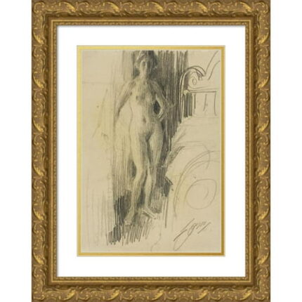 Anders Zorn 11x14 Gold Ornate Wood Frame and Double Matted Museum Art Print Titled - Nude Figure Standing Near a Bed (1900-03)