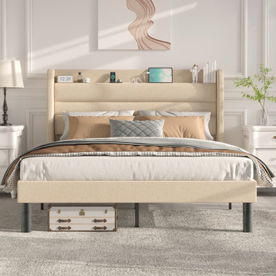 Anshuman Upholstered Wingback Platform Bed with Storage Headboard, Bed Frame with Charging Station