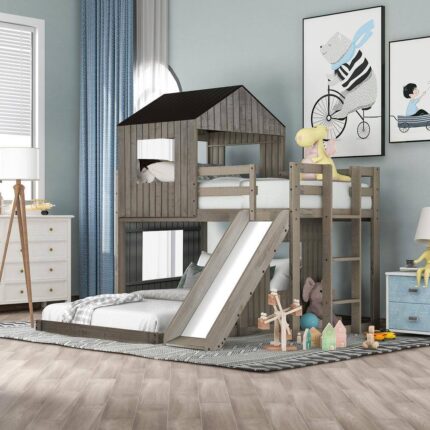 Antique Gray Wood Frame Twin over Full House Bunk Bed with Slide, Roof and Windows Design