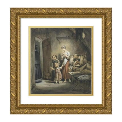 Ary Scheffer 12x13 Gold Ornate Wood Frame and Double Matted Museum Art Print Titled - Sick Man in Bed with Next to Him a Woman and Two Children (1805 - 1858)