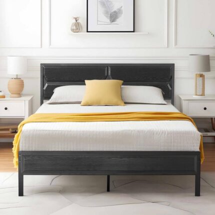 Bed Frame Black Metal Frame Full Size Platform Bed with Wooden Headboard, Strong Metal Slat Support