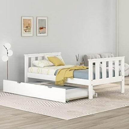 Bed Frame With Trundle Wood Platform Beds With Headboard And Footboard Size Wooden Panel Bed With Slat Support For Kids Boys Girls Teens No Box Spring Needed White