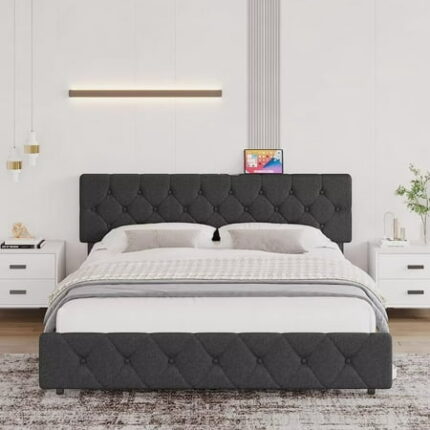 Bed Frame with USB Ports,Upholstered Platform with Adjustable Headboard Strong Frame and Wooden Slats Support Linen Fabric Wrap No Box Spring Needed Easy Assembly Dark Grey Queen