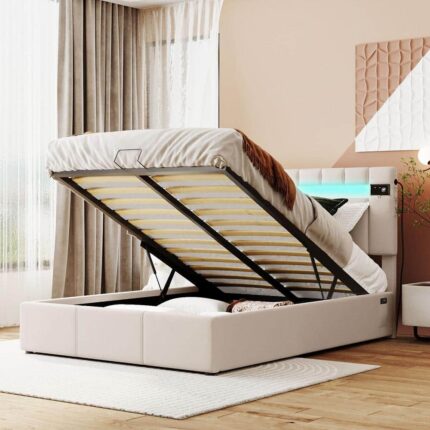 Beige Wood Frame Full Upholstered Platform Bed with LED light, Bluetooth Player and USB Charging