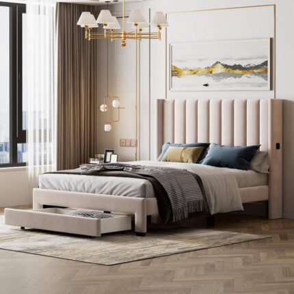 Beige Wood Frame Velvet Upholstered Queen Size Platform Bed with a Big Drawer and 2-Small Pockets