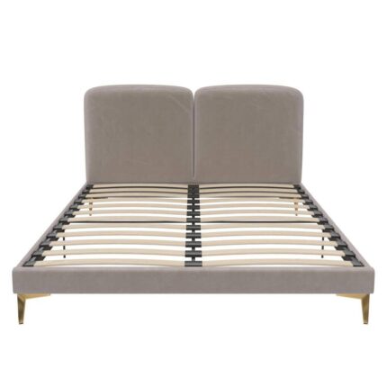 Beige Wooden Frame Queen Platform Bed With Upholstered Headboard