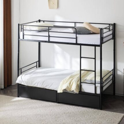 Black Metal Frame Twin Bunk Platform Bed with Drawers