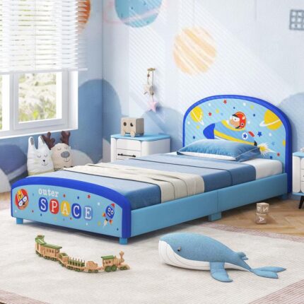 Blue Wood Frame Children Twin Size Upholstered Platform Bed with Headboard And Footboard