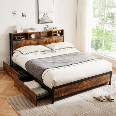 Bookcase Storage Bed, Metal Platform Bed Frame with Wood Headboard and 4 Drawers Queen / Full Size