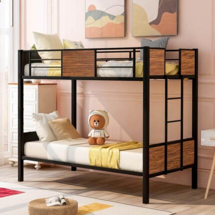 Brown Twin-over-Twin Modern Style Steel Frame Bunk Bed with Safety Rail, Built-in Ladder