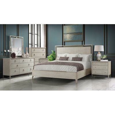 Cathie Solid Wood Bedroom Set With Metal Frame, Queen Bed, Dresser, Mirror, 2 Nightstands, And Chest, Champagne