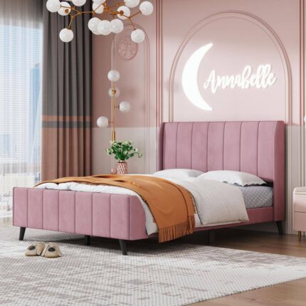 Channel-Tufted Pink Wood Frame Full Size Velvet Upholstered Platform Bed with Additional Bed and Slats Support Legs