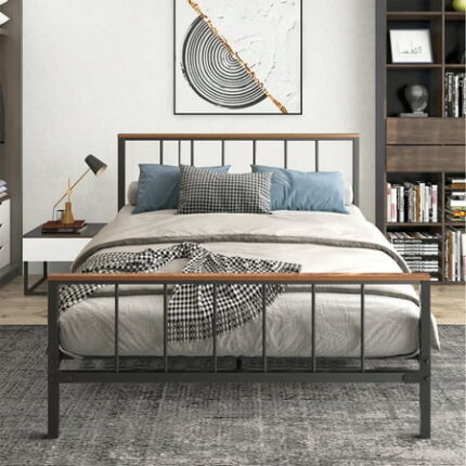 Classic Minimalist Style Queen Size Platform Bed with Metal Frame Black