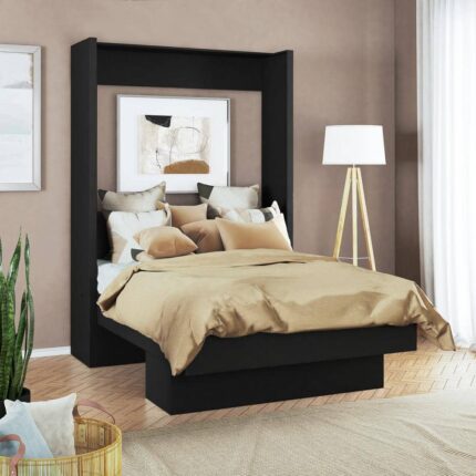 Easy-Lift Black Wood Frame Full Murphy Bed with Shelf