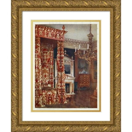 Edwin Foley 12x14 Gold Ornate Wood Frame and Double Matted Museum Art Print Titled - Queen Anne s Bed Chest of Drawers Upon Stand Wooden Candleabra (1910 - 1911)