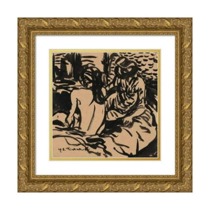 Ernst Ludwig Kirchner 15x15 Gold Ornate Wood Frame and Double Matted Museum Art Print Titled - Two Nudes on a Bed (Isabella and a Younger Girl) (C. 1906)