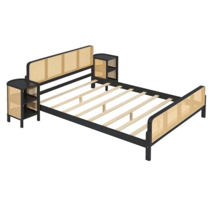 Espresso Brown Wooden Frame Full Size Platform Bed with Rattan and 2-Nightstands