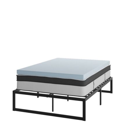 Flash Furniture 14" Metal Platform Bed Frame with 12" Pocket Spring Mattress in a Box and 3" Cool Gel Memory Foam Topper, Black, Queen