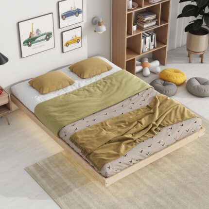 Floating Natural(Brown) Wood Frame Full Size Platform Bed with Under-Bed LED Light, Low Profile