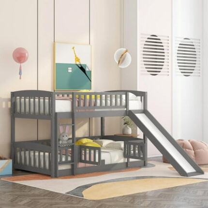 Floor Bunk Bed Frame for Kids Toddlers Twin Over Twin Wood Bunk Bed with Fun Small Door Ladder and Fence for Bedroom Apartment and Loft Saving-Spaces Design Easy to Assemble Grey