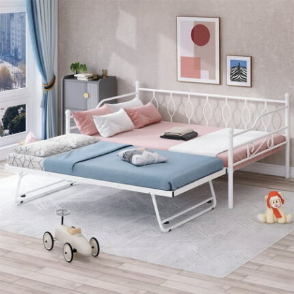 Full Size Daybed with Twin Size Adjustable Trundle Metal Daybed Frame with Portable Folding Trundle Extendable Sofa Bed for Kids Teens Adults Living Room Bedroom Dual-use Daybed White