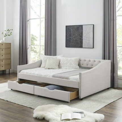 Full Size Upholstered Daybed Frame with Storage Drawers Linen Sofa Bed with Reinforced Frame Multifunctional Floor Bed with Tufted Backrest and Armrest for Living Room Bedroom Beige