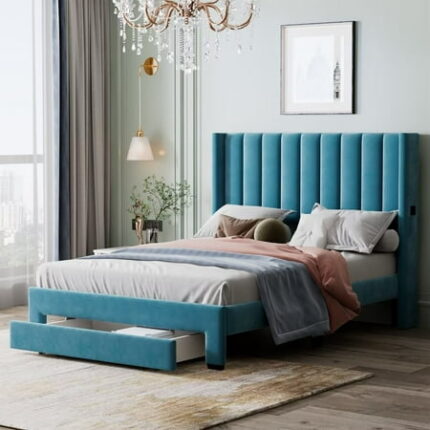 Full Size Upholstered Platform Bed with a Big Drawer Velvet Storage Bed Frame with Wingback Headboard No Box Spring Needed Blue