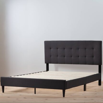 Full Tara Upholstered Platform Bed Frame with Square Tufted Headboard Charcoal - Brookside Home