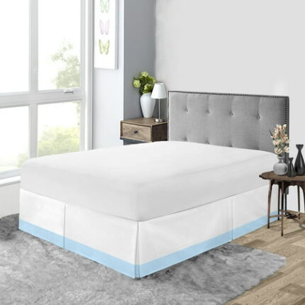 Full XL Size Tailored Drop Dual Tone Solid Bed Skirt with Adjustable Elastic Belt Microfiber Fabric Fade & Wrinkle Resistant Bed Frame Cover Easy to Fit & Care (11 Inch Drop Light Blue)