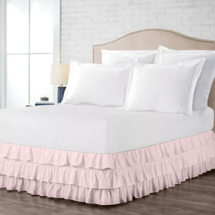 Full XL Size Tailored Drop Multi Ruffled Solid Bed Skirt with Adjustable Elastic Belt Microfiber Fabric Fade & Wrinkle Resistant Bed Frame Cover Easy to Fit & Care (16 Inch Drop Pink)
