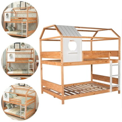 Goory Teens Adults Easy Assembled Full-Length Guardrail Full Over Full Size Natural With Window And Little Shelf House Bunk Beds Frame No Box Spring Needed Ladder