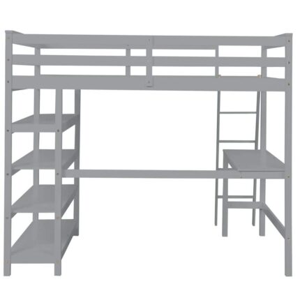 Gray Full Loft Bed with Bookshelves and Desk Sturdy Wooden Kids Loft Bed Frame with Ladder Wood Kids Loft Bed