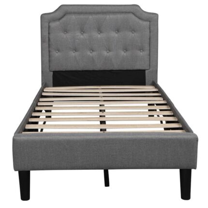 Gray Twin Size Upholstered Scalloped Linen Platform Bed with Headboard Wood Twin Kids Platform Bed Frame with Slats