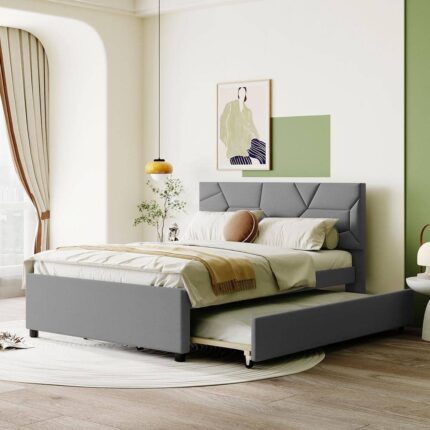 Gray Wood Frame Full Size Linen Upholstered Platform Bed with Brick Pattern Headboard and Twin Size Trundle