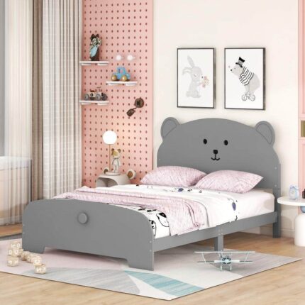 Gray Wood Frame Full Size Platform Bed with Bear-Shaped Headboard and Footboard, 6-Wood Legs