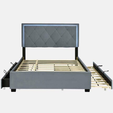 Gray Wood Frame Full Size Velvet Storage Platform Bed, with 2-Big Drawers, T Size Trundle, and LED Light