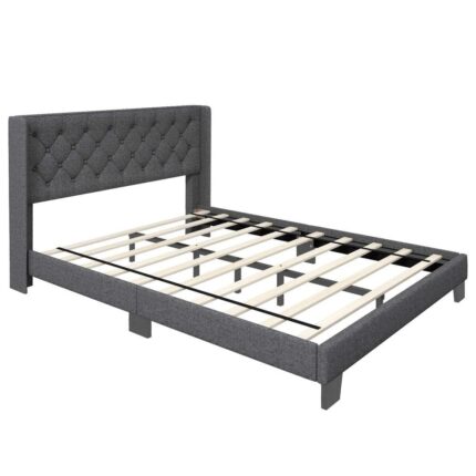 Gray Wood Frame Queen Size Upholstered Platform Bed Tufted Headboard Mattress Foundation