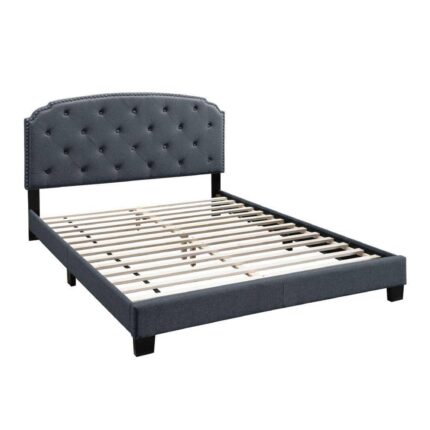 Gray Wooden Frame Queen Platform Bed with Button Tufted Scalloped Headboard