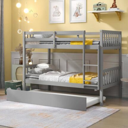 Grey Twin Over Twin Bunk Beds with Trundle, Solid Wood Trundle Bed Frame with Safety Rail and Ladder