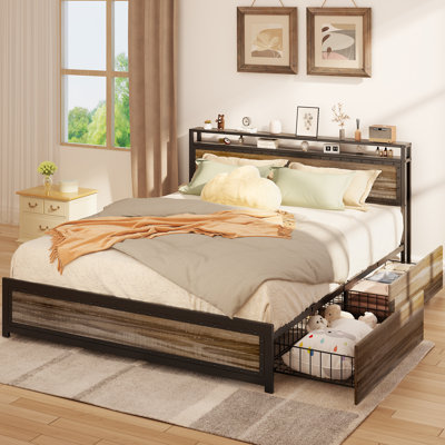 Joni Metal Frame Platform Bed with 2-Tier Headboard and 4 Storage Drawers