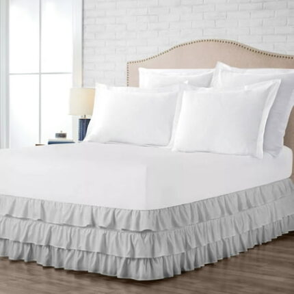 King Size Tailored Drop Multi Ruffled Solid Bed Skirt with Adjustable Elastic Belt Microfiber Fabric Fade & Wrinkle Resistant Bed Frame Cover Easy to Fit & Care (11 Inch Drop Light Gray)