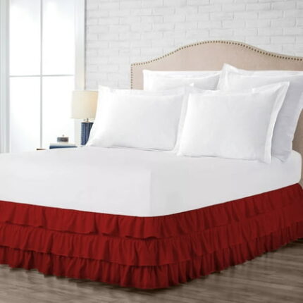 King Size Tailored Drop Multi Ruffled Solid Bed Skirt with Adjustable Elastic Belt Microfiber Fabric Fade & Wrinkle Resistant Bed Frame Cover Easy to Fit & Care (18 Inch Drop Burgundy)