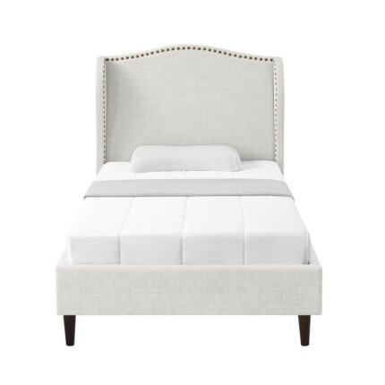 Knight Cream White Wood Frame Twin XL Size Platform Bed With Nailhead Trim