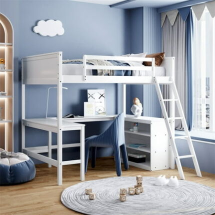 Loft Bed with Shelves and Desk Wooden Full Size Loft Bed Frame with Full-Length Guardrail and Ladder Multifunctional Loft Bed with Under Bed Space for Work or Play No Box Spring Needed White