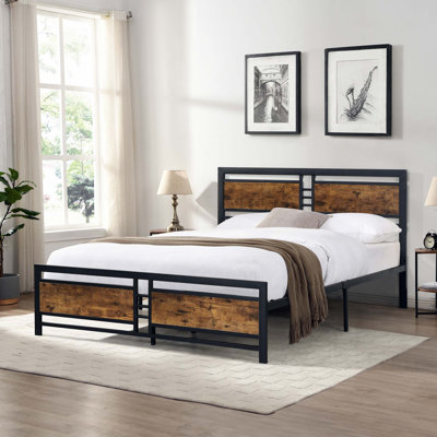 Metal Platform Bed Frame With Wood Headboard And Footboard, Noise-Free