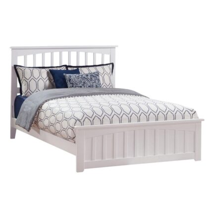 Mission White Queen Solid Wood Frame Low Profile Platform Bed with Matching Footboard and USB Device Charger
