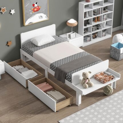 Modern White Wood Frame Twin Size Platform Bed with Footboard Bench and 2-Drawer